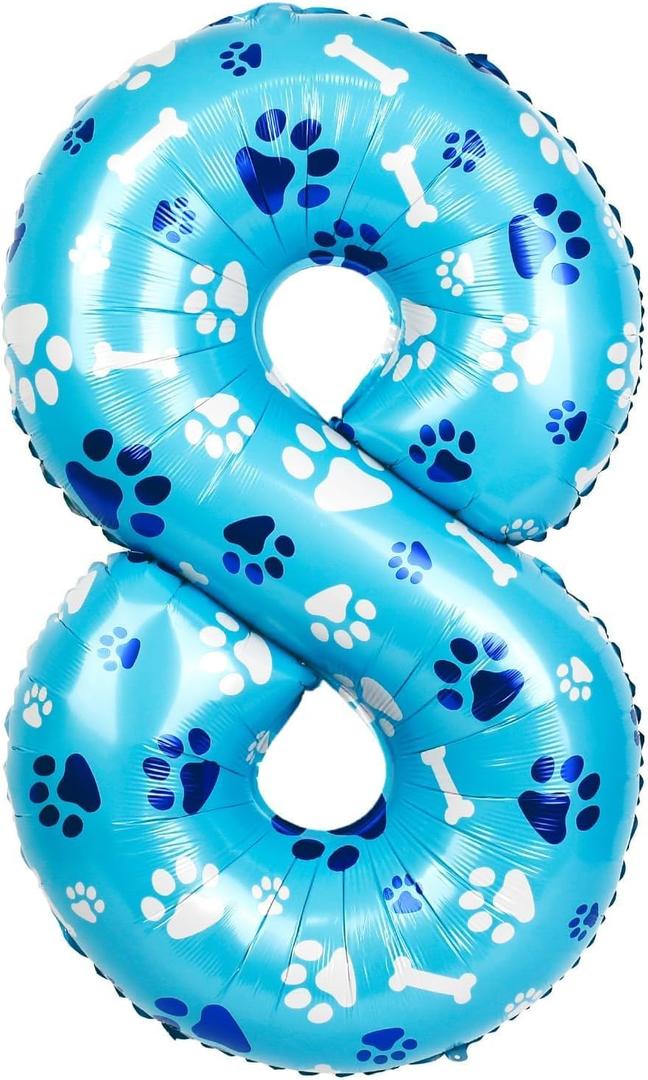 40 Inch Dog Paw Print Number 8 Foil Balloon, Large Multi-color Puppy Pet Balloon for Birthday Party Decoration, Dog Paw Theme Party Favors(Blue+White)