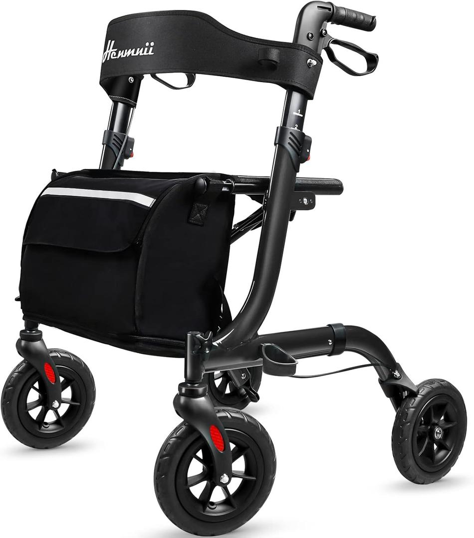 Rollator Walker for Seniors, Lightweight Foldable All Terrain Rolling Walker with seat, Aluminum Walkers with 8 inch Rubber Wheels, Handles and Backrest for Seniors and Adult (Black)