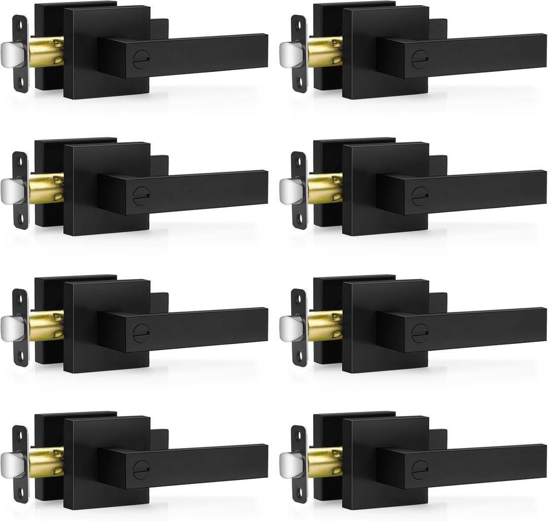 8 Pack Matte Black Door Handles, Keyless Interior Door Knobs, Privacy Door Lever Locksets for Bedroom Bathroom, Heavy Duty Square Door Lock (2.0lb), Reversible for Left&Right Handled Doors