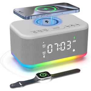 Wireless Charging Alarm Clock Bedroom, Digital Alarm Clocks Bedrooms Bluetooth, Loud Bluetooth Speaker Alarm Clock Night Light Dual Alarm Snooze 12/24H Dimmer Bluetooth AUX USB Charging, Grey