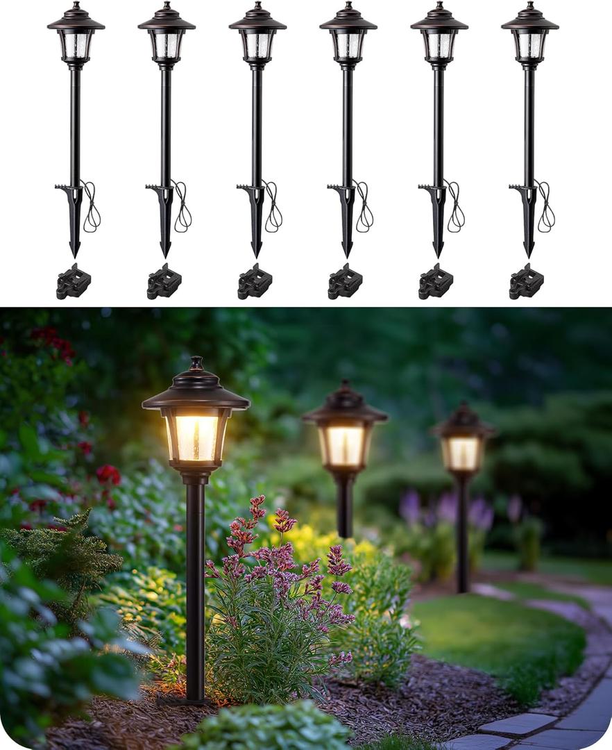 EDISHINE Low Voltage Landscape Lights, 12V 3W 120LM 3000K Seed Glass Outdoor Landscape Path Lights with Connectors, ORB Waterproof Electric LED Pathway Light Wired for Walkway Garden Yard, 6 Pack