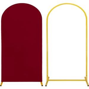 Metal Arch Stand and Cover Set,1 Burgundy Spandex Fitted Backdrop with 1 Gold Wedding Arched Stand Frame for Parties Birthday Baby Shower Bridal Banquet Decoration (6.6FT)
