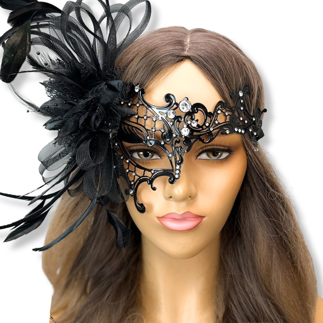 Black Metal Masquerade Mask for Women Halloween Costume Feather Party Masks Feathers Venetian Mardi Gras Burlesque Mask