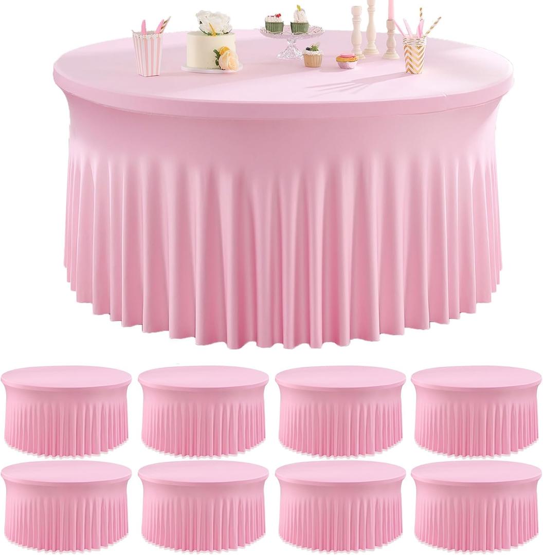8 Pack Pink Round Spandex Tablecloths for 60inch Table, Wrinkle Free 120inch Stretchy Fitted 5FT Round Table Cloths Cover with Skirt for Wedding Birthday Party Dining Banquet Event