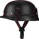 Yesmotor Motorcycle Half Helmet Retro German Handmade Leather Half Face Quick Release Buckle & Goggles - DOT Approved (Black & Red Line, L)