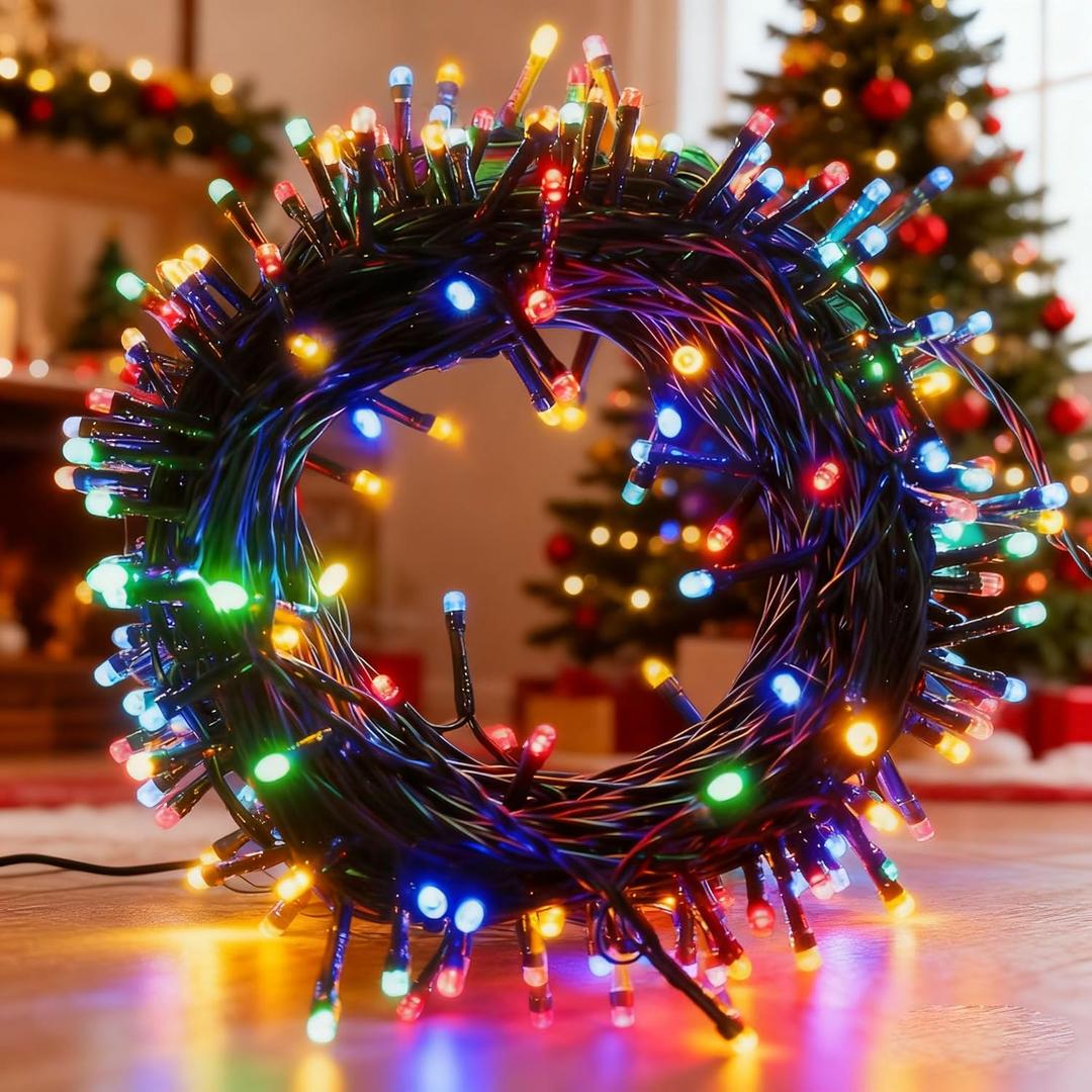 FULLBELL Black Christmas Light String, 33Feet, 100 LED Multicolor Christmas Decorations, Indoor Tree Party, Bedroom Decor (Multi Color- Black Wire)