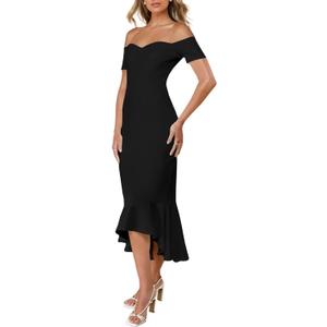 Women's Off the Shoulder Midi Dress Bodycon Formal Wedding Guest Dresses Elegant Backless Strapless