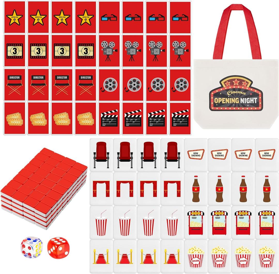 65 Tiles 30 mm Movie Night Mahjong Block Set with Storage Bags 2 Player Mahjong Push Tile Game Pattern No DIY Required for Friend Family Game Night Party Gift
