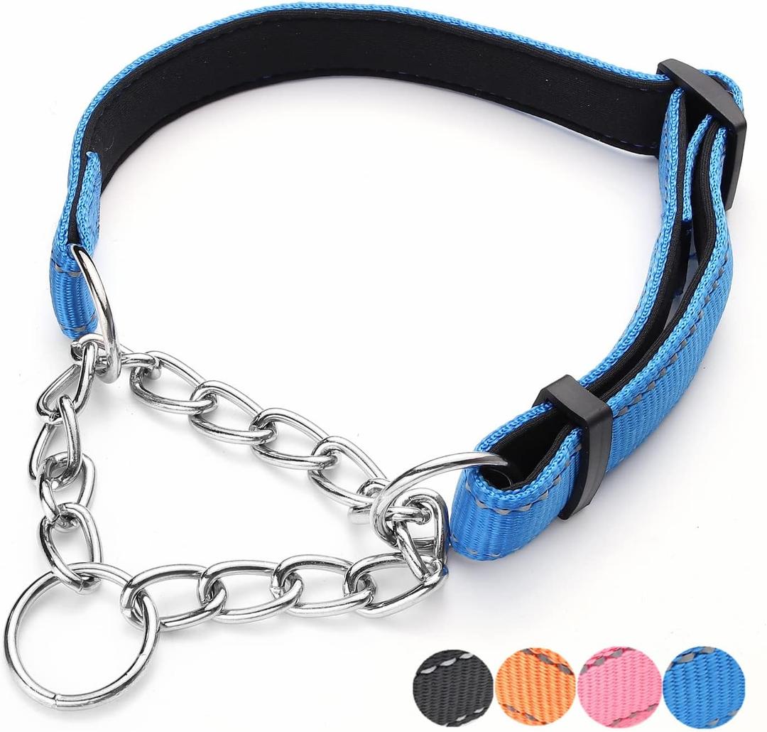Martingale Dog Collars Adjustable Soft Nylon Reflective Collars with Stainless Steel Chain Walking Training Collars Heavy-Duty Puppy Chain Collars for Small,Medium,Large Dogs(Blue,L)