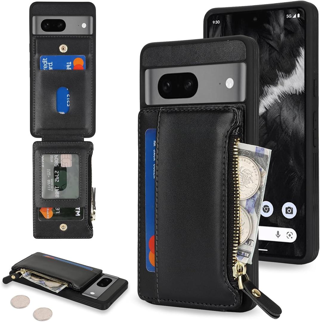 Cavor for Google Pixel 7 Case Wallet,for Pixel 7 Wallet Case with Card Holder for Women Men,Leather Zipper Pocket Card Slots Phone Cover-Black