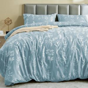 MUXHOMO Duvet Cover King Size, Reversible Floral Mineral Blue Duvet Cover Set with Zipper Closure, 3 Pieces Botanical Patterns Soft Microfiber Bedding Set (90"x104", 2 Pillow Cases 20"36") (01 - Mineral Blue Leaves (No Comforter))