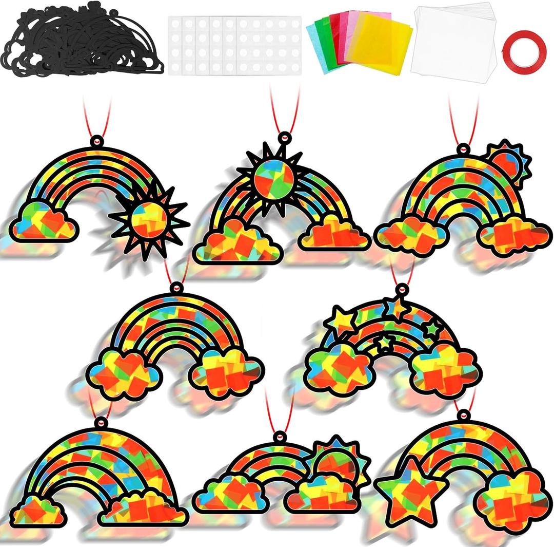 QOUBAI 32 Sets Rainbow Suncatchers Craft Kit DIY Window Stained Glass Effect Planet Rainbow Sun Paper Crafts Home School Classroom Decoration Kid Birthday Gift Creative Art Project Activity Game