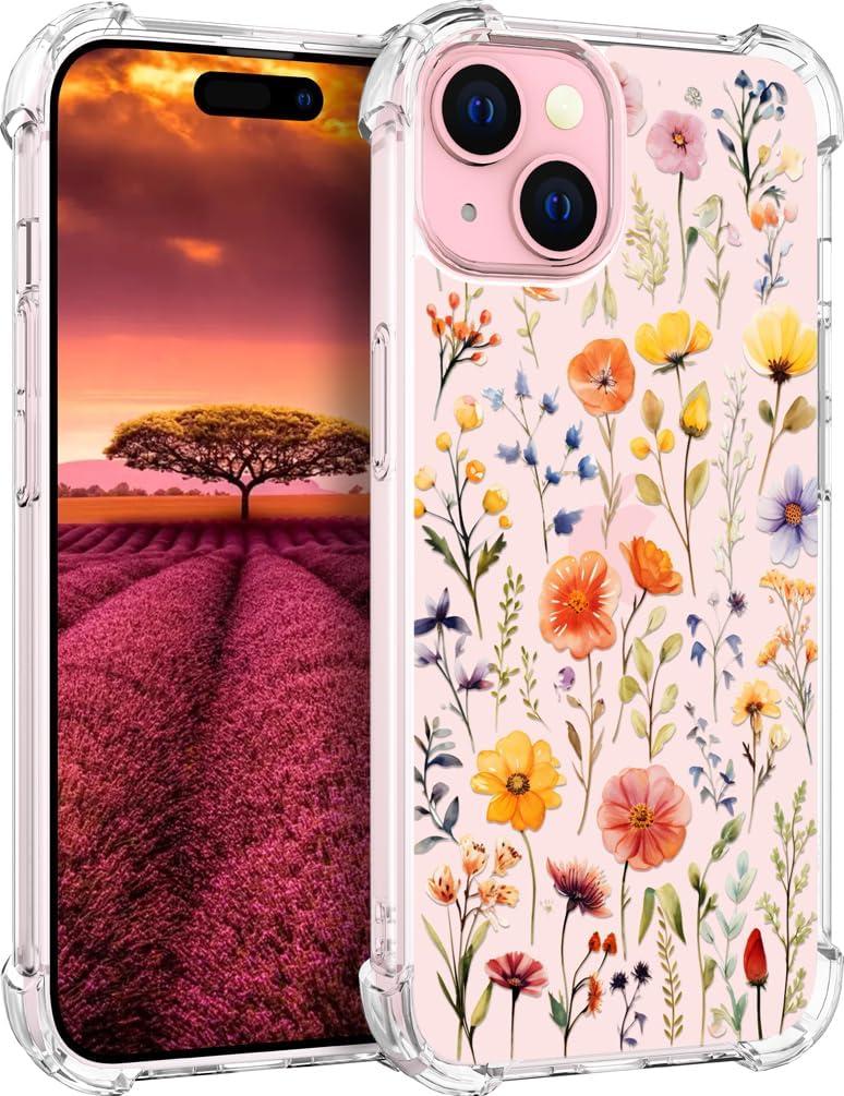 Compatible with iPhone 15 Plus Case Designer Cute Clear for Women,Cool Transparent Silicone Phone Cases Cover - Yellow Wild Flowers Plants