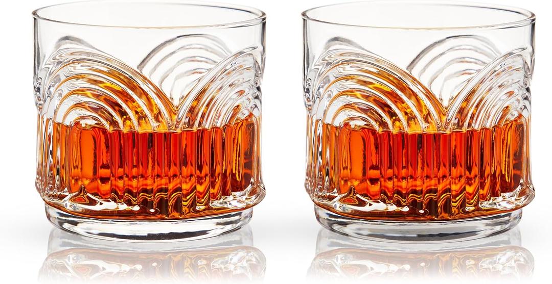 Viski Beau Lowball Glasses Set of 2 - Crystal Drinking Glasses for Whiskey, Scotch & Bourbon - Art Deco Cocktail Glasses Arch Design 11oz (Modern - Clear)