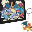 Pokemon Wallet and Keychain Set for Kids Trifold Wallet with ID Pocket Card Slots Zipper Coin Purse Pikachu Anime Gifts for Boys (Black/Multi)