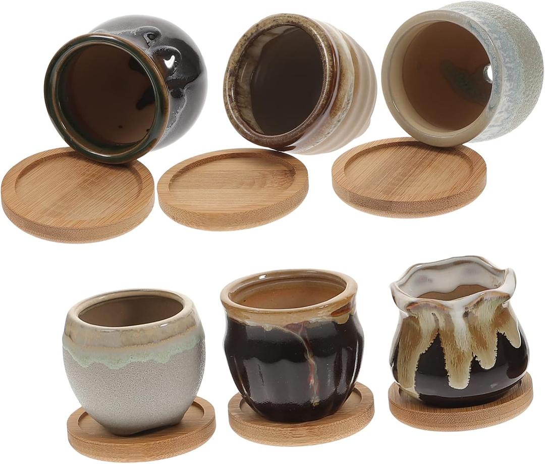6-Piece Ceramic Succulent Planter Pots Polished Mini Cylinder Indoor Planters Bamboo Tray for Home Office