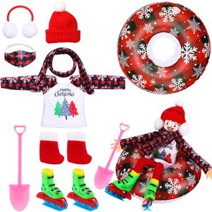 Jenaai 9 Pcs Christmas Doll Accessories Set Christmas Doll Clothing Includes Ear Muffs, Scarf, Sweater, Boot, Inflatable Snow Tube, Mask, Hat, Ice Skates, Shovel for Doll Decor, Red and Black Plaid