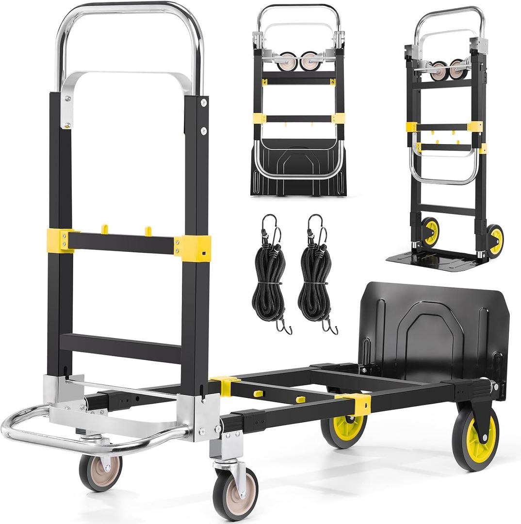 3-in-1 Convertible Heavy Duty Folding Hand Truck Dolly, 600LB Capacity with Rubber& Wheels Telescoping Handles, Portable Collapsible Cart for Warehouse, Supermarket, Office (Yellow)