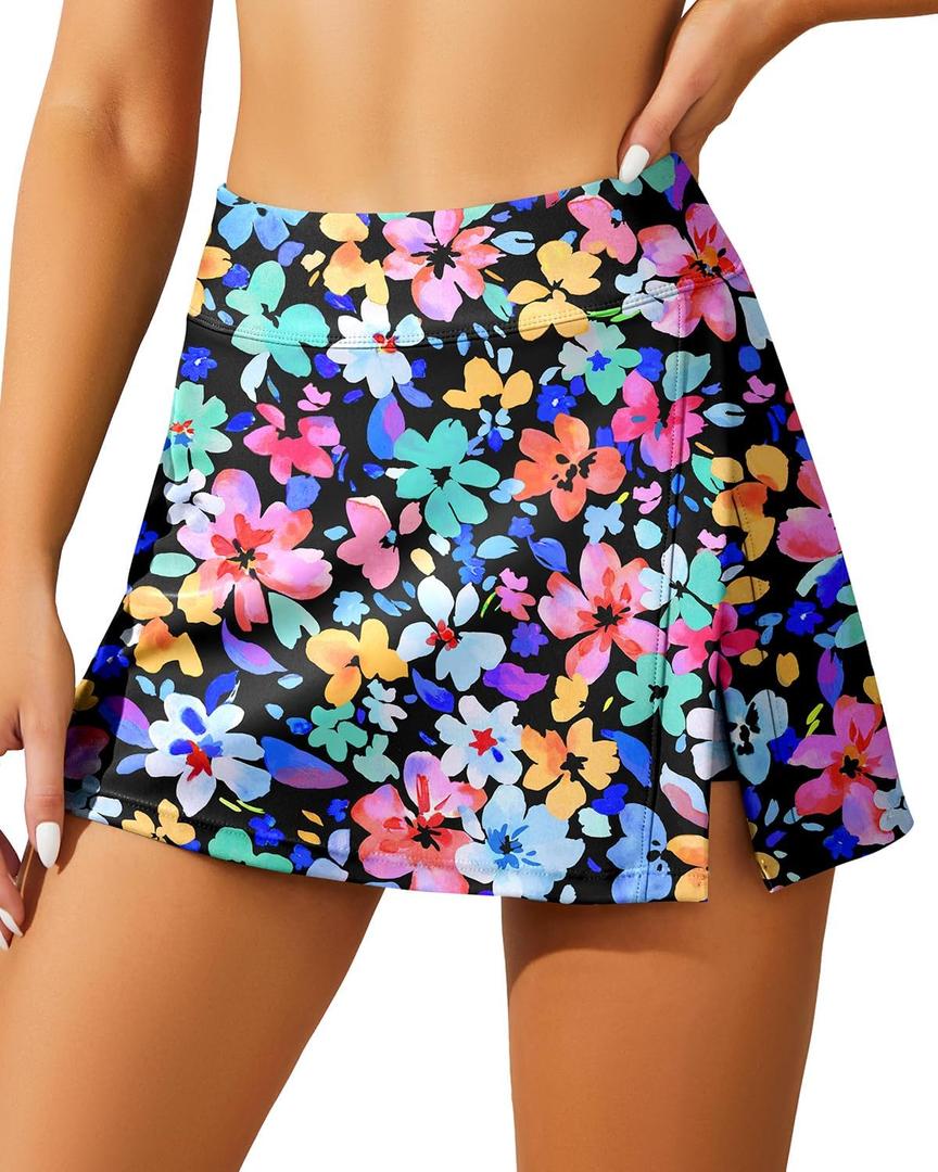 Aqua Eve Women Swim Skirt Tummy Control Swimsuit Skirt with Built-in Shorts High Waisted Split Swim Bottom (X-Large, Colorful Floral)