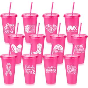 Bokon 12 Pcs Breast Cancer Gifts for Women, 24oz Breast Cancer Awareness Tumblers with Straws and Lids Plastic Pink Ribbon Water Bottles Bulk Reusable Pink Cups Coffee Mugs for Women (Classic)