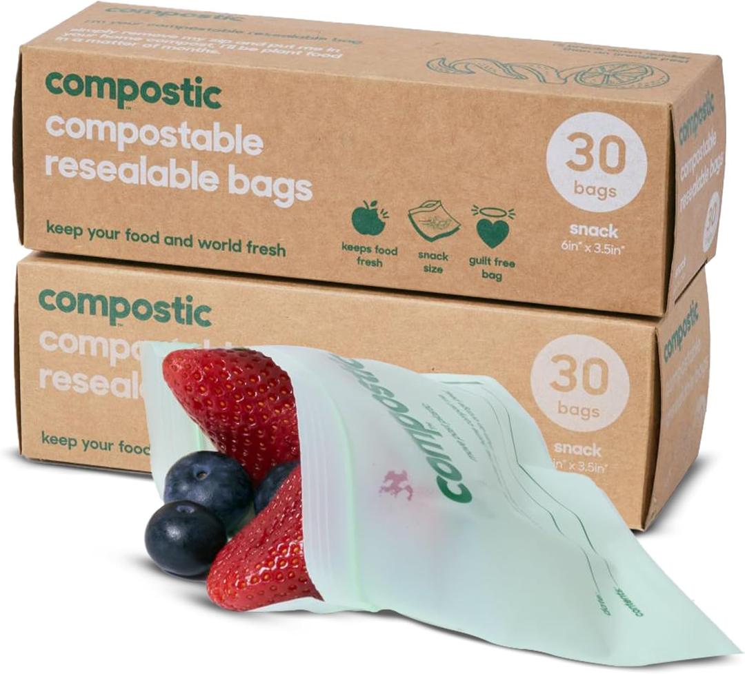 Compostic Compostable Snack Bags, Snack Size (60 Count) Starter Pack Resealable Zip-Seal, Plant-Based, Home Compostable, Freezer Safe, BPA-Free, Non-Toxic, GMO-Free Food Storage Bags