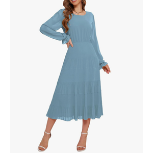 CYiNu Women's Midi Dresses Long Sleeve Crew Neck Flowy Casual Floral Boho Tiered Chiffon Smocked Elegant Dress Size M