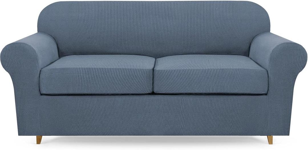 Lamberia High Stretch Sofa Cover for 2 Cushion Couch Loveseat Cover 3 Pieces Thick &Washable Plush Jacquard Sofa Slipover Couch Cover Furniture Protector for Dogs,Pets&Kids (Adritic Blue)