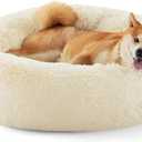 Bedsure Calming Dog Bed for Medium Dogs - Donut Washable Medium Pet Bed, Anti-Slip Round Fluffy Plush Faux Fur Cat Bed, Fits up to 45 lbs Pets, Ivory Beige, 30 inches