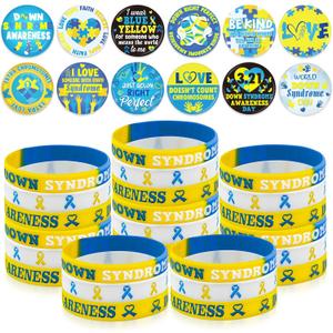 60 Pcs Down Syndrome Accessories Bulk Include 30 Blue Yellow Ribbon Awareness Silicone Bracelets and 30 Ehlers Danlos Syndrome EDS Special Education Badges Button Pins for Social Charity Event