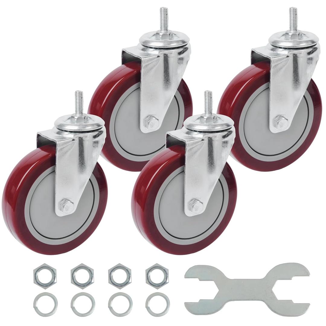 Finnhomy Swivel Caster Wheels 5 Inch Threaded Stem Casters Set of 4 Heavy Duty 3/8"-16 x 1" Anti-wear Polyurethane Industrial Castor Wheels for Cart/Furniture Load Bearing 2200 Lbs Smooth Casters Red
