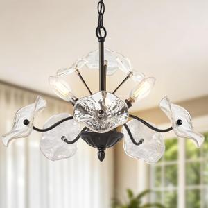 Luvkczc Black Chandelier,Vintage Flower Glass Pendant Light Fixture,Mid Century Ceiling Light Fixture for Dining Room, Kitchen, Living Room, Bedroom Hallway Porch,3 Lights, Matte Black