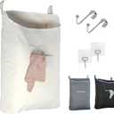 The Fine Living Co. Hanging Laundry Hamper with Over Door Hooks & Adhesive, Durable Space Saving Laundry Bag with Zipper and Wide Open Top, Hanging Dorm Laundry Hamper 18"x4.75"x28" (Beige-L)