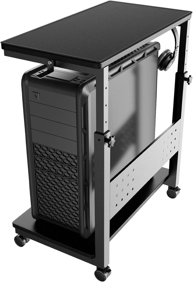 PUTORSEN Computer Tower Stand Cart - 2-Tier CPU Cart with 4 Casters, Rolling Holder with Pegboard & 2 Hooks, Height Adjustable from 19 1/8" to 31 11/16", for Office Home Gaming