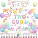 Pool 2nd Birthday Party Decoration Girl, Two Cool Birthday Party Decoration Backdrop Banner Cake Cupcake Topper Latex Balloon for Summer Swimming Beach Second Bday Decoration