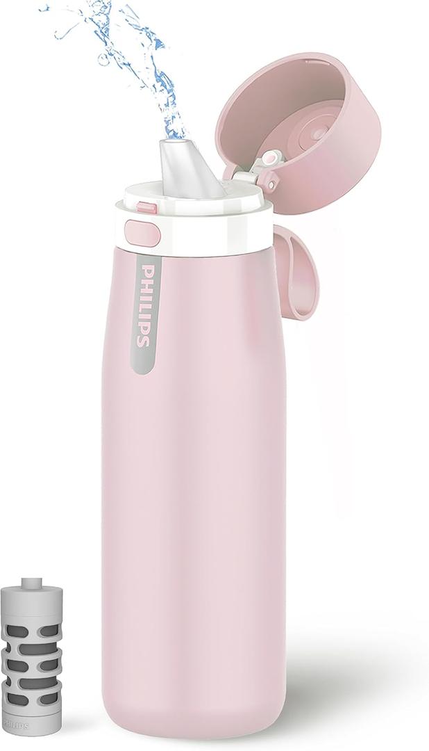 PHILIPS Water Bottle with Filter, Filter Water Bottle Stainless Steel with GoZero Everyday BPA-Free Tap Water Filter, Water Filter Bottle Keep Drink Cold 24 Hours, 1 Filter for 40 gal / 2 Months (18.6 Ounces)