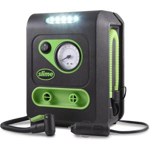 Slime 40034 Tire and Mattress Inflator, All-Purpose, High Pressure, High Volume, Analog 100 psi Dial Gauge, LED Light, 8 min Tire inflation, 3 Min Mattress inflation