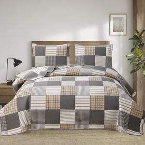 Ycosy Plaid Quilt Set Queen Size Lightweight Bedspread Set Grey Brown White Patchwork Quilts Reversible Coverlet with 2 Pillow Shams Soft Microfibers for All Season