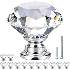 POZEAN Crystal Cabinet Knobs 12 Pack, 1-3/16 inch Drawer Knobs for Dresser with Cuttable Screws, Diamond Glass Pulls Handles (30mm, 12Pack, Clear-Silver)