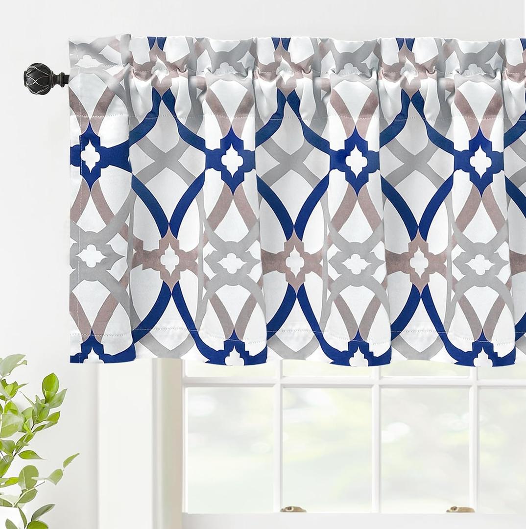 DriftAway Alexander Blackout Valances for Windows Thermal Insulated Kitchen Topper Geometric Moroccan Mid Century Pattern Match Thick Bathroom Curtain Valance Rod Pocket 52 Inch by 14 Inch Navy/Gray
