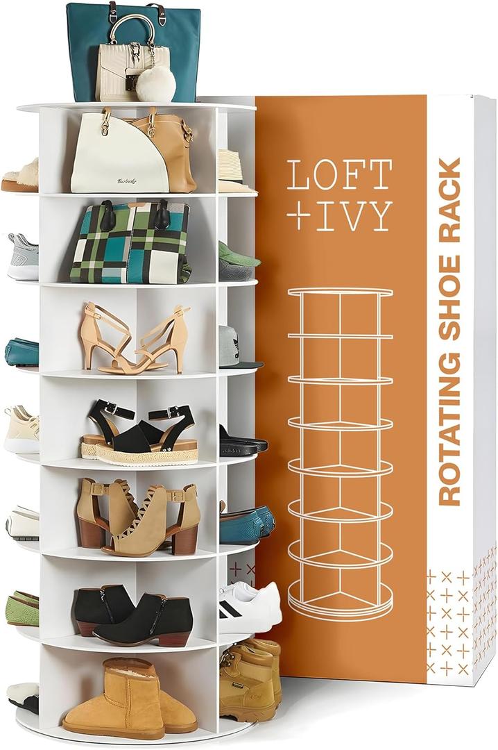 LOFT + IVY 7 Tier Rotating Shoe Rack Tower  360 Spinning Storage Organizer, Modern Round Shoe Carousel for Closet, Entryway, Bedroom  Space Saving Rotating Lazy Susan Storage Tower (White)