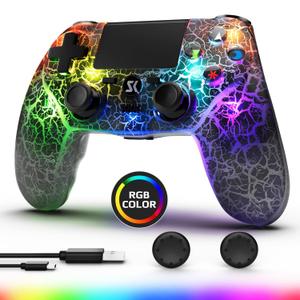 Wireless Controller for PS4, Controller Compatible with PS4/Pro/Slim,Double Shock 6-Axis Motion Sensor, Sensitive Touch Pad, Built-in Speaker & Stereo Headphone Jack (Black Crack RGB Light)