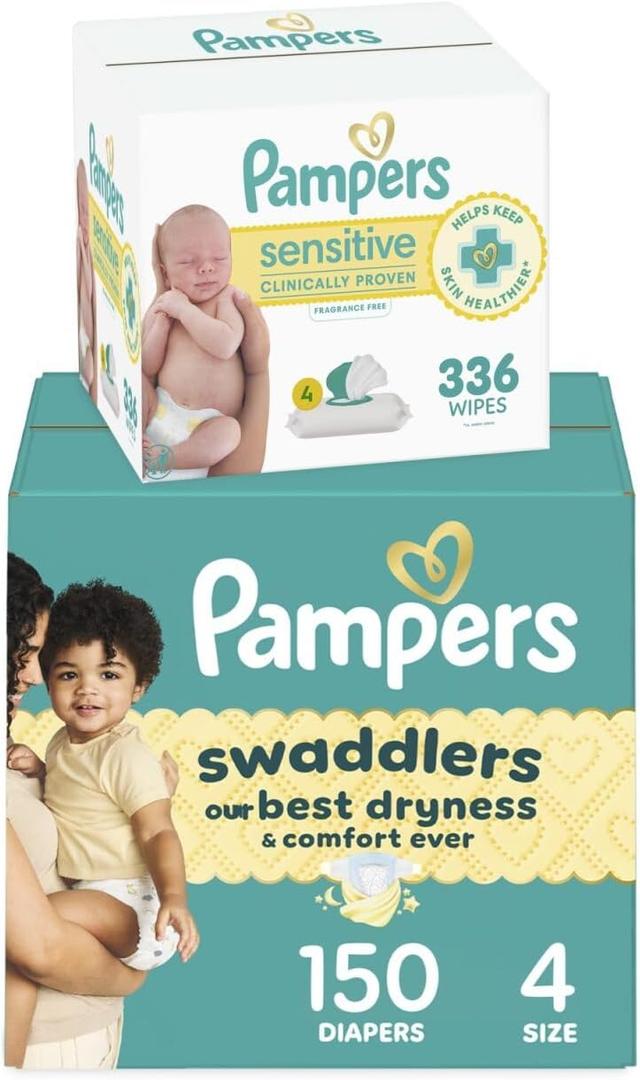 Pampers Swaddlers Disposable Baby Diapers Size 4, 150 Count with Sensitive Water Based Baby Wipes 4X Pop-Top Packs (336 Count)