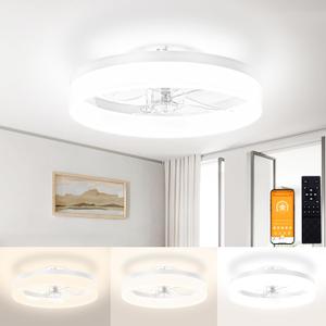 VOLISUN Low Profile Ceiling Fans with Lights and Remote,15.7in Modern Ceiling Fan Flush Mount, 3000K-6500K Dimmable Bladeless LED Fan Light, White Fandelier Ceiling Fans with Lights for Bedroom