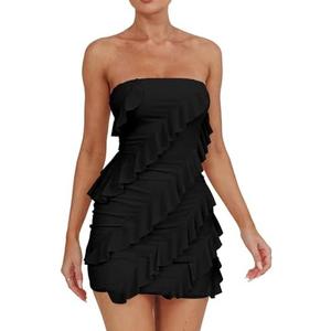 HOCILLE Women's Sexy Strapless Tube Top Bodycon Sleeveless Ruffle Mini Party Dress S