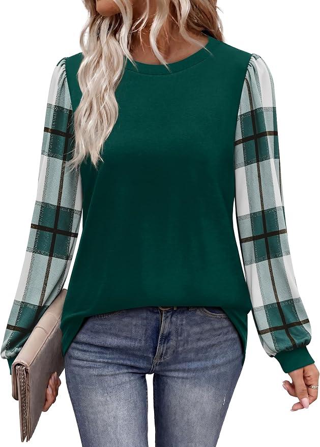 WIHOLL Women’s Plaid Sleeve Tunic Top, Dark Green - XL