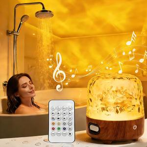 Spa-Like Shower Lamp, Bluetooth Speaker Waterproof Lamp, Rechargeable Lumena Lamp with Remote & Touch Control, 16 Colors Ocean Wave Projector Light with White Noise for Shower, Bathroom, Bathtub (Wood Grain)