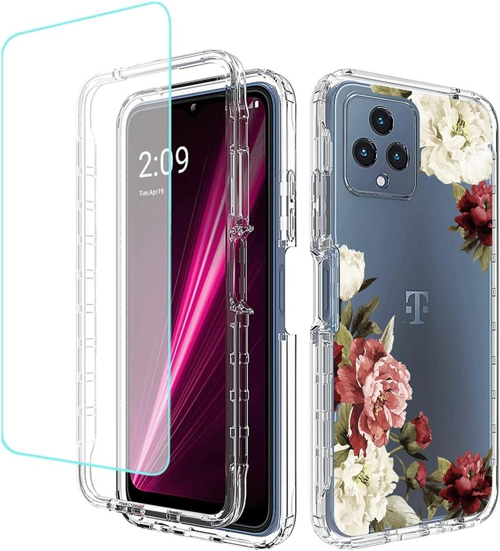 Phone Case for REVVL 6 5G/T Phone 5G TMAF025G Case with Tempered-Glass Screen Protector, Cute Clear Floral Pattern Full Body Protective Cover Cases for T-Mobile REVVL 6 5G REVVL6 G5 (Flower)