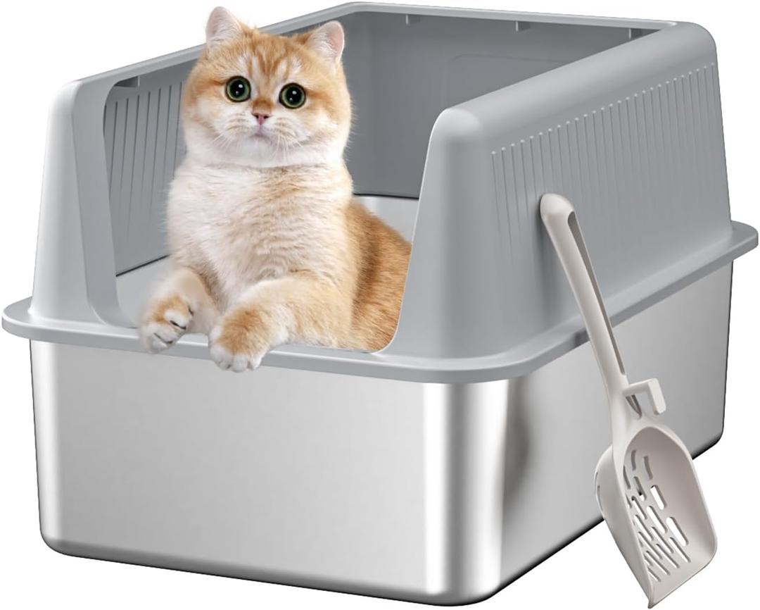 Stainless Steel Cat Litter Box with Lid,XL,19.7 L x 13.8 W x 11.8H Deep,Large Metal Litter Box with High Side,for Small and Large Cats,Anti-Leakage Non-Sticky Easy Cleaning Include Litter Scoop