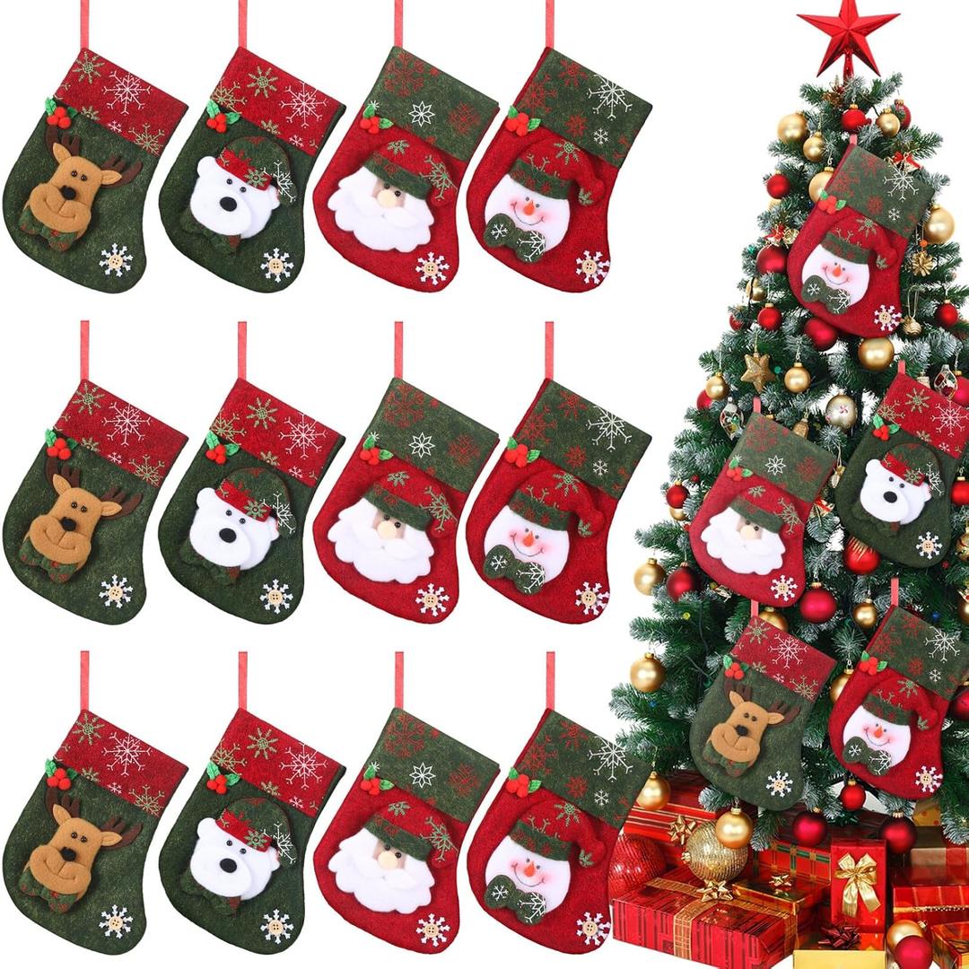 Shappy 12 Pack Mini Christmas Stockings Bulk 7" Small Felt Christmas Stockings Snowman Polar Bear Santa Claus Reindeer, Candy for Xmas Tree Fireplace Family Pet Party Favors Gift (Green Red, Snowflake)