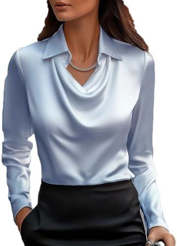 Women's Elegant Solid Satin Cowl Neck Blouse Long Sleeves Casual Business Dressy Shirts Office Work Ladies Top (X-Large, Blue)